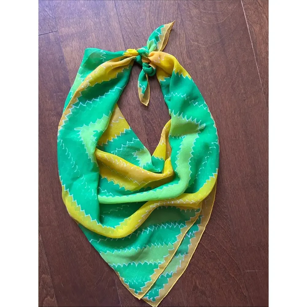 Vintage Silky Lightweight Green and Yellow Geometric Scarf